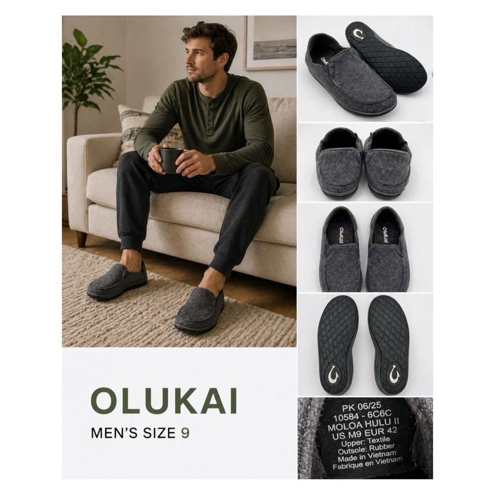 OLUKAI Men's Moloa Hulu II Soft Heather Knit Slip-On Slippers Gray Size 9